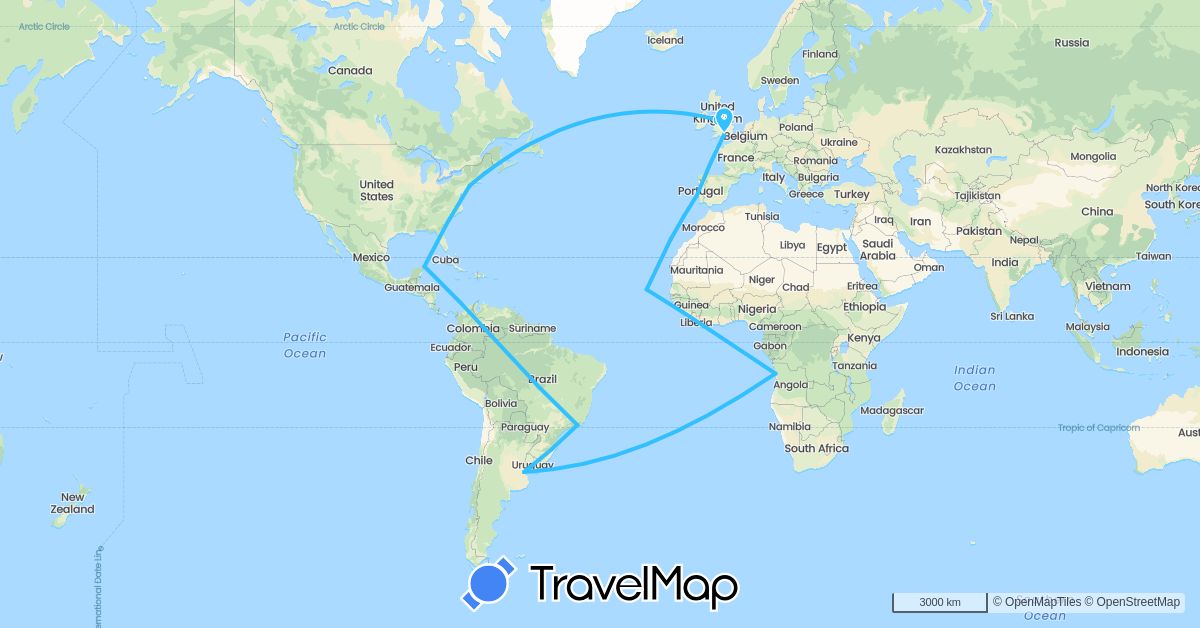 TravelMap itinerary: driving, boat in Angola, Argentina, Brazil, Cape Verde, Spain, United Kingdom, Mexico, Portugal, United States (Africa, Europe, North America, South America)